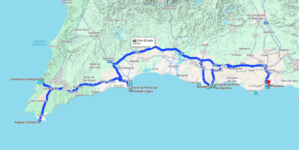 Mapa sugerido de Roteiro das Praias no Algarve